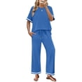 thumbnail image 2 of Women's 2 Piece Sets Summer Casual Short Sleeve Tops Wide Leg Pants Matching Lounge Set Vacation Travel Outfits Blue 2XL, 2 of 6