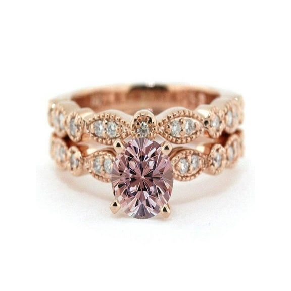 1.25 carat Round Cut Morganite and Diamond Halo Bridal Set in Rose Gold Plating: Bestselling Design under 300
