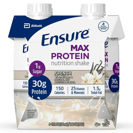 Ensure Max Protein Nutritional Shake with 30g of High-Quality Protein, 1g of Sugar, High Protein Shake, French Vanilla, 11 fl oz, 12