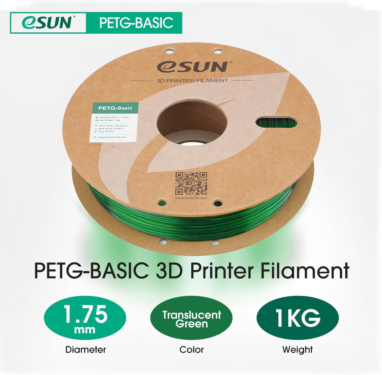 eSUN Basic PETG Filament 1.75mm, High Toughness Glossy 3D Printing Filament, 1KG Spool (2.2 LBS) Printer Transparent Green