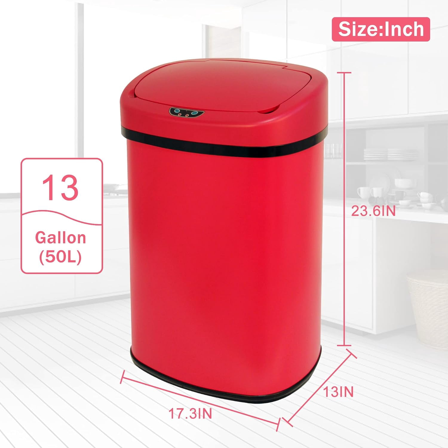 Dkelincs 13 Gallon Touch-Free Automatic Stainless Steel Garbage Can Kitchen Trash Can with Lid, Red