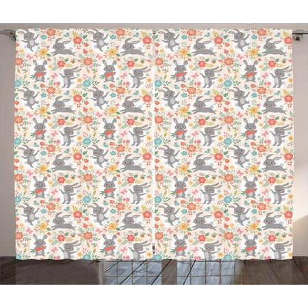 Tasty Puff Drops (Spring Curtains 2 Panels Set, Powder Puff Tailed Bunnies Jumping and Eating Tasty Carrots Around Flower Bouquets, Window Drapes for Living Room Bedroom, 108W X 84L Inches, Multicolor, by)