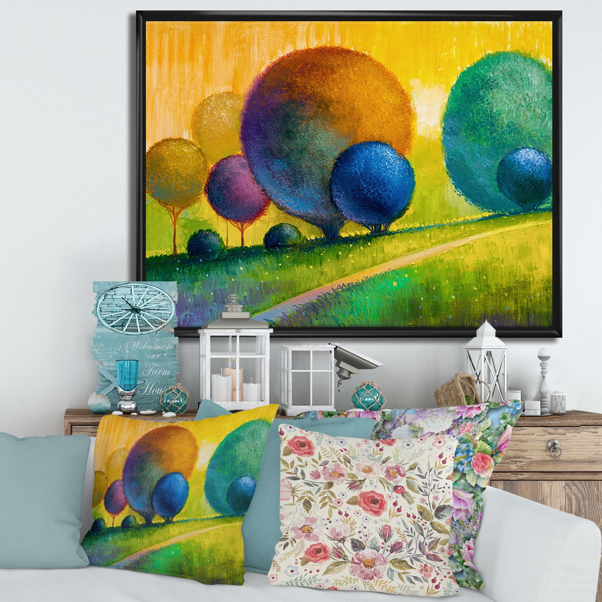 Designart 'Ornamental Colourful Trees III' Modern Framed Canvas Wall Art Print