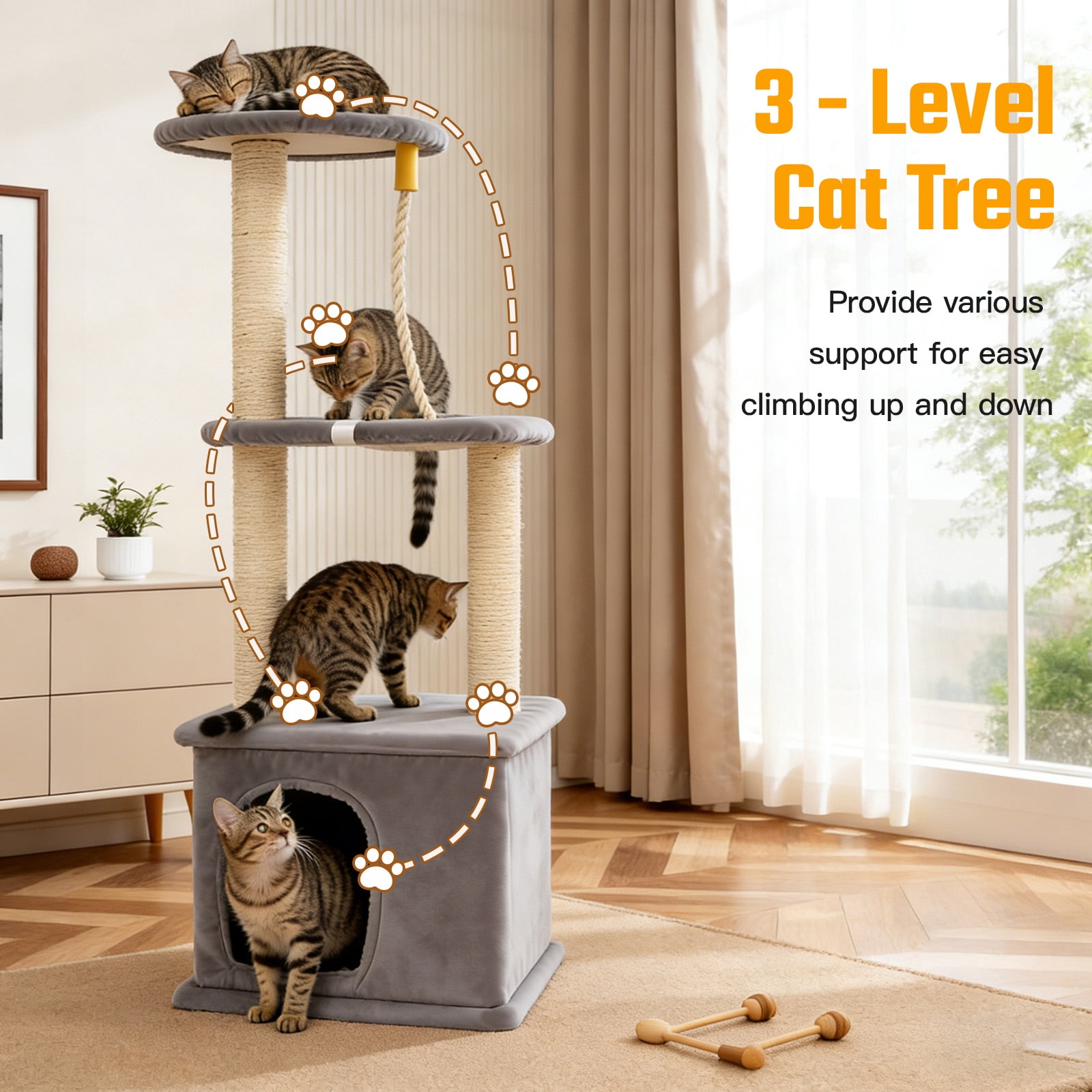 Cat Tree with Condo and Sisal Post, Multi-Level Cat Tower with Top Perchs, Cratching Post for Indoor Cats, Gray