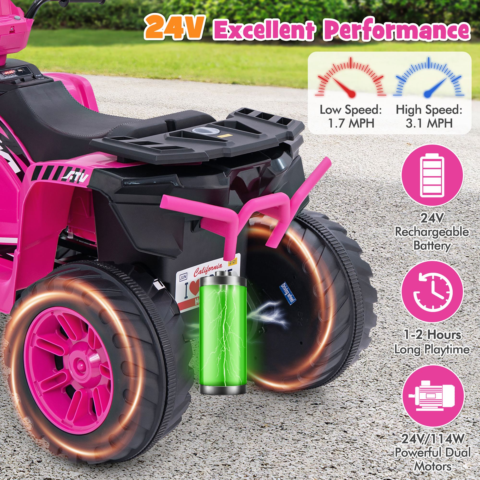 Gymax Kids Ride-On ATV 24V Battery Powered Electric Vehicle w/ Wireless Connection Music Radio Pink