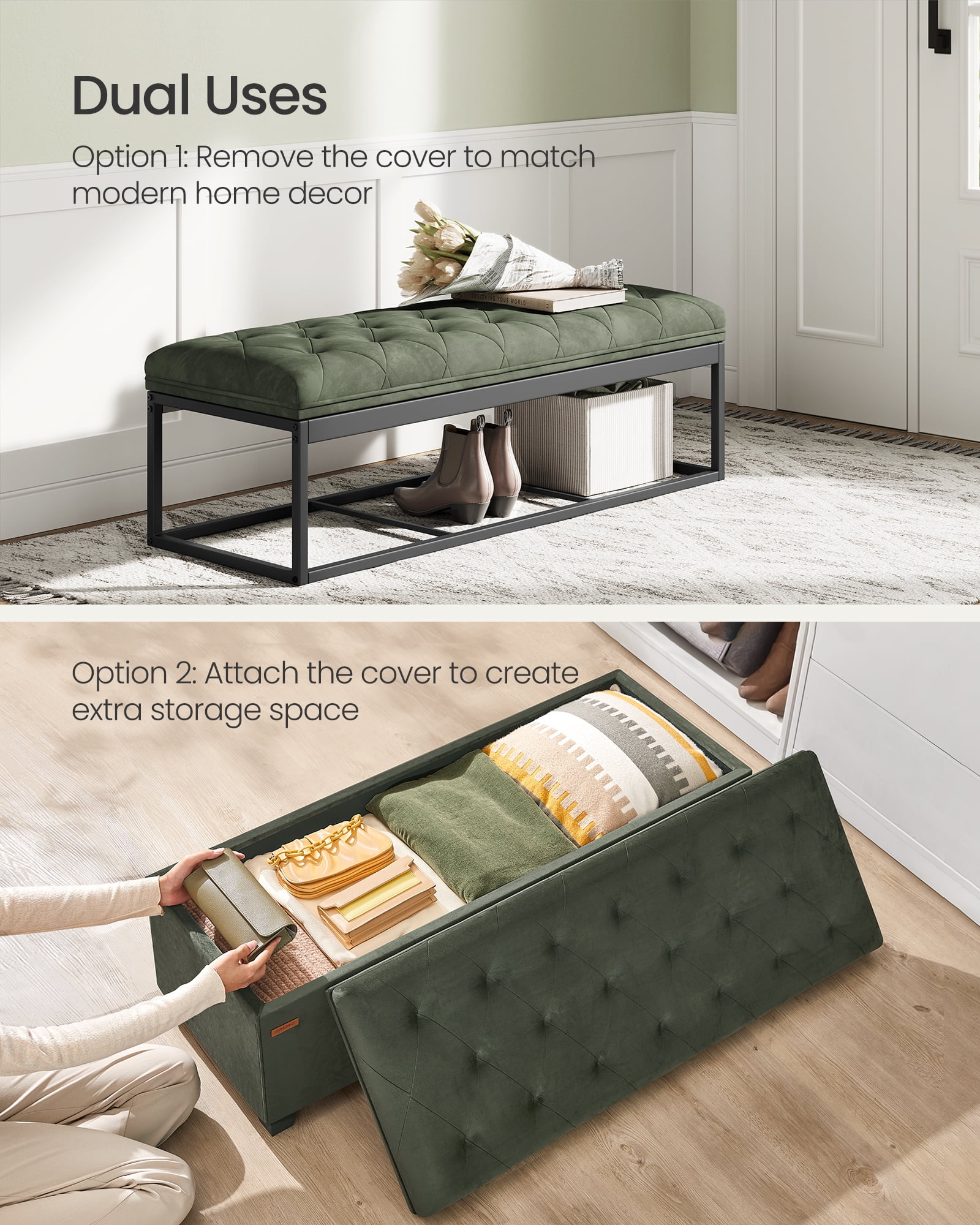 SONGMICS 43" Storage Ottoman Bench Foot Rest with Legs End of Bed Bench Storage Chest Load up to 660 lb for Living Room Bedroom Forest Green
