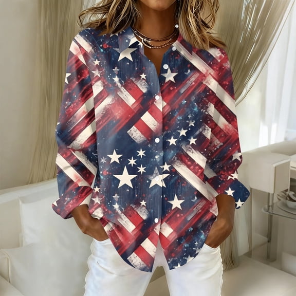 Iaqnaocc 4th Of July Tops for Women Trendy Button-Down Collared Patriotic American Flag Stars Striped Festival Long Sleeve Blouses America 250 Shirt Summer Outfits Dark Blue S