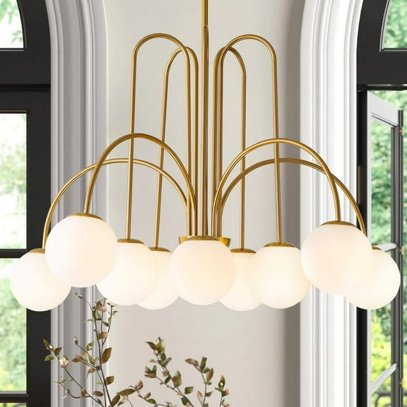 Open Box RRTYO Erik 10-Light Gold Unique Modern Elbow Chandelier with Milky White Glass Shades