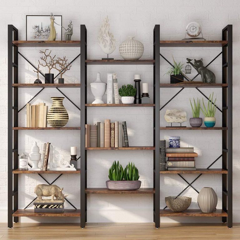 FABULAXE Industrial 67.5 in. Brown Wood and Metal 5-Shelf Etagere Bookcase  Open Storage Free Standing Bookshelf QI003995.L - The Home Depot