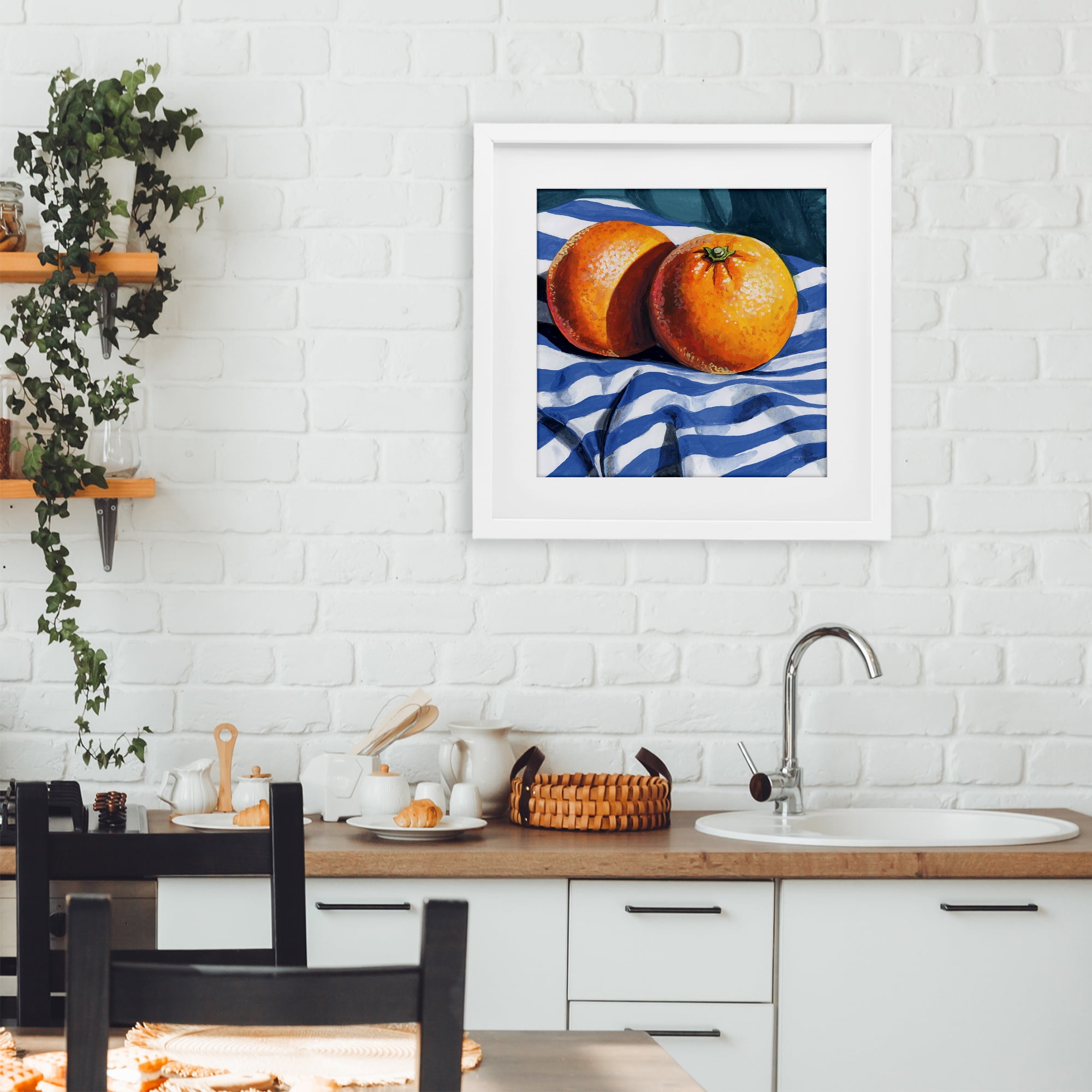 Stupell Industries Oranges On Striped Cloth White Framed Print Under Glass, design by Kate Jarvik Birch