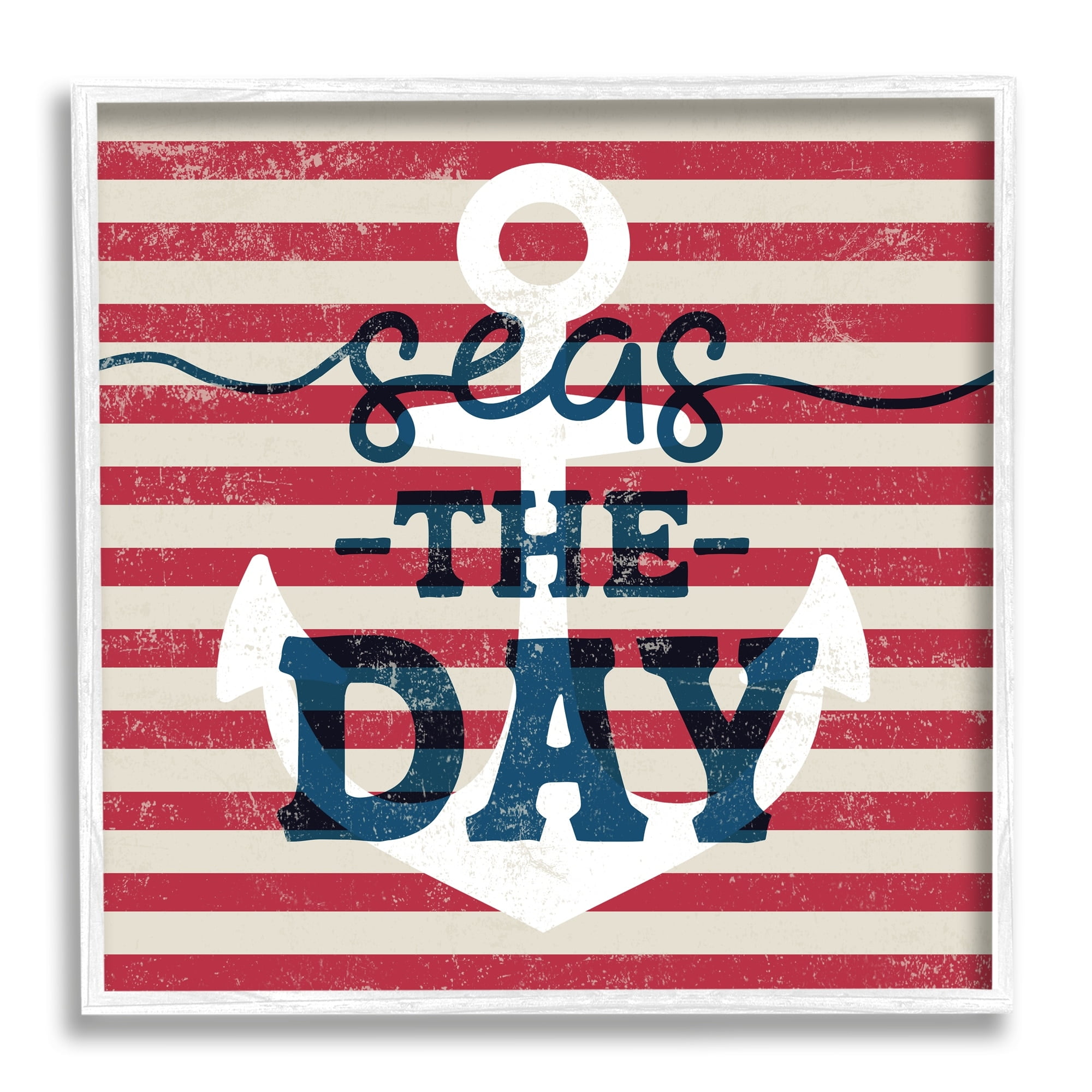 Stupell Industries Seas The Day Americana Anchor & Flag Phrase Graphic Art White Framed Art Print Wall Art, Design by Daphne Polselli
