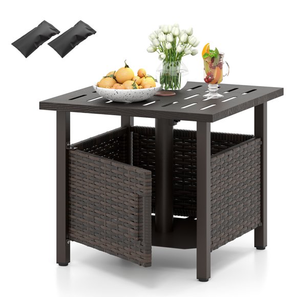 Gymax Outdoor Side Table w/ 1.93''Umbrella Hole Patio Umbrella Stand w/ 2 Sand Bags