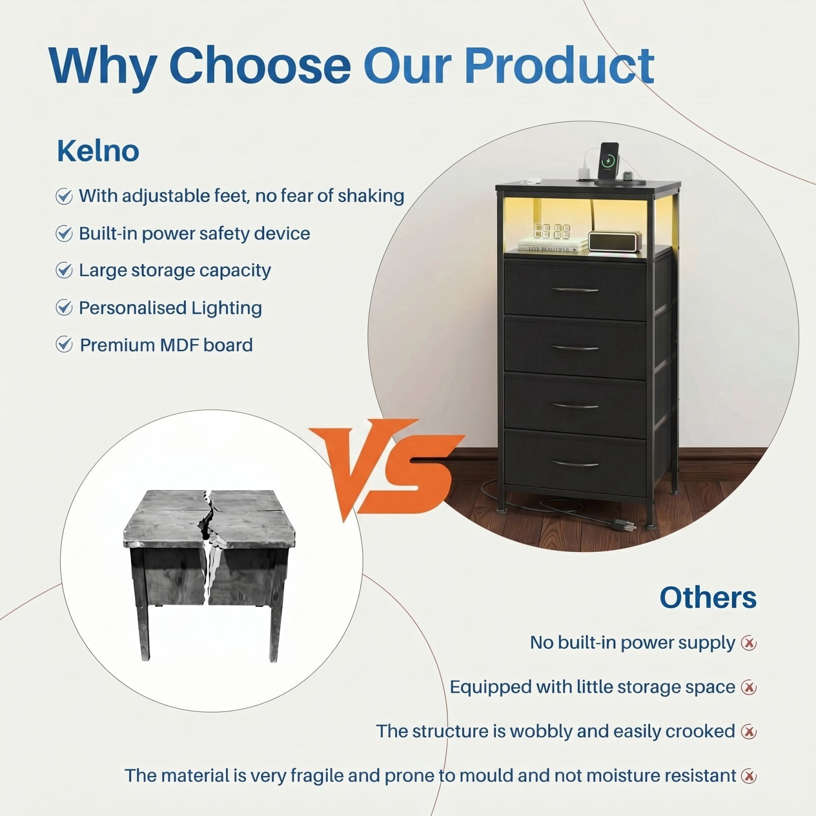 Kelno 4-Drawer Nightstand with Charging Station AC Outlets LED Light Dresser Bedside Table, Black
