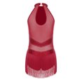 thumbnail image 4 of iiniim Women Rhinestone Fringe Leotard Figure Skating Performance Costume Halter Backless Bodysuit Burgundy L, 4 of 7