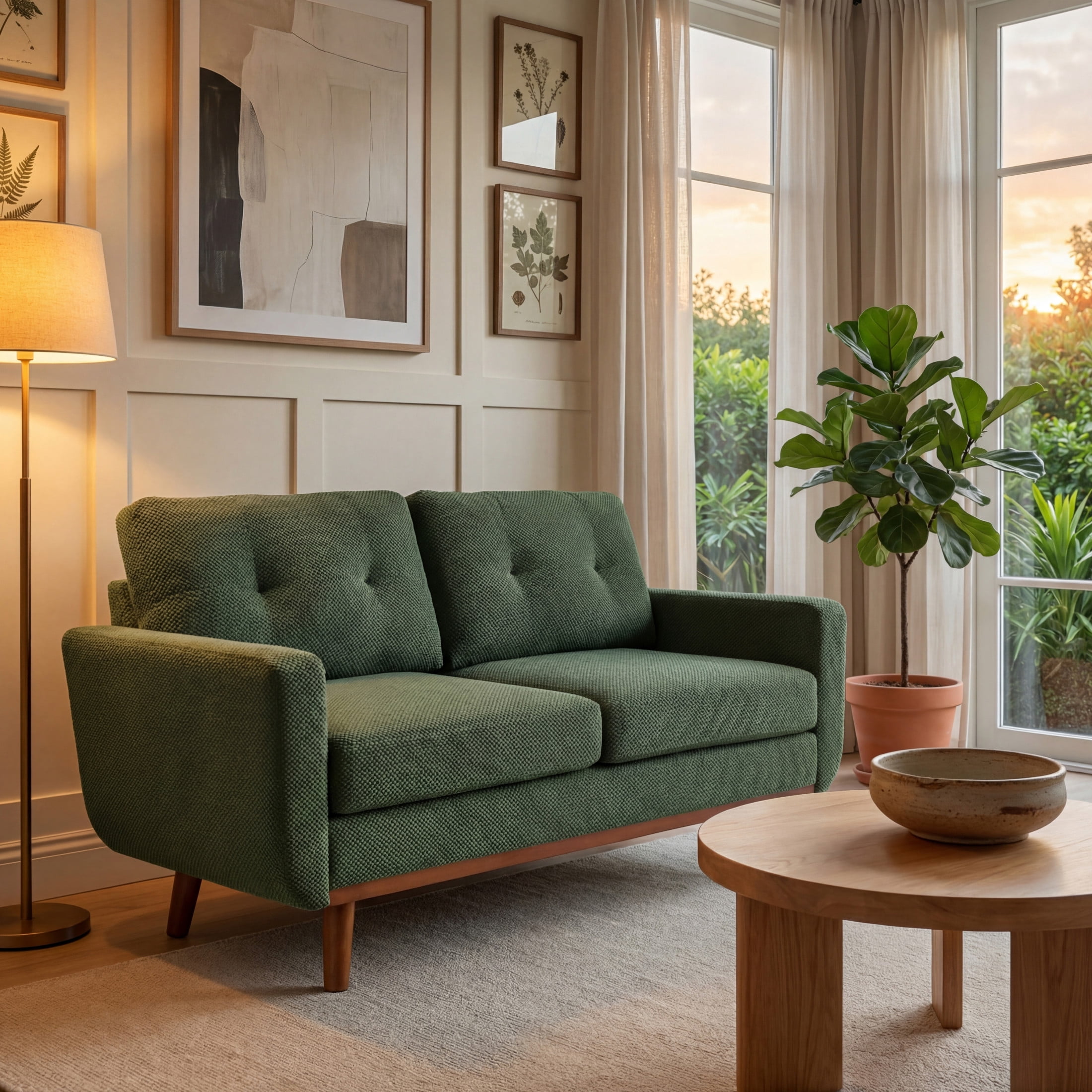 Noble House 65" Mid-Century Modern Loveseat Sofa, Nubby Upholstery, Solid Wood Legs, Dark Green
