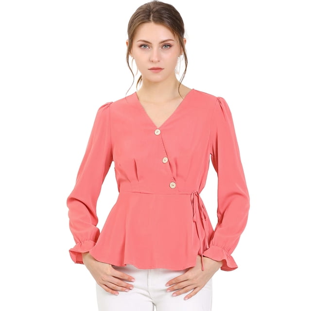 Blusa Allegra K con Peplum cuello V cintura de Lazo Decoración de Botones Mangas Largas trabajo Oficina para Mujeres Rojo Sandía M