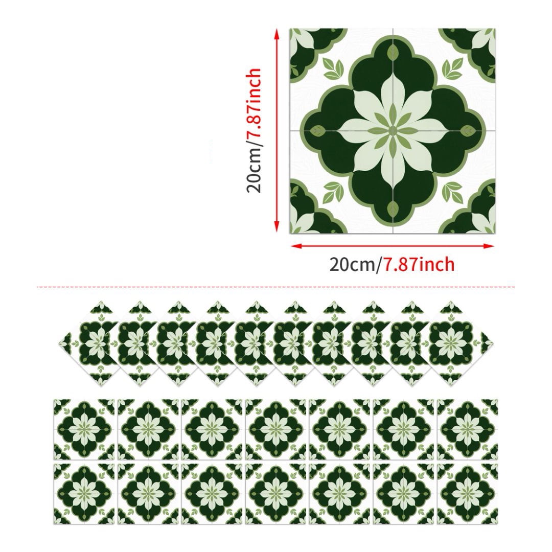 24Pcs Tile Sticker Peel and Stick Backsplash Matte PVC 7.87" x 7.87" DIY Decor Green Flowers Wall Stickers Waterproof Self Adhesive Decals