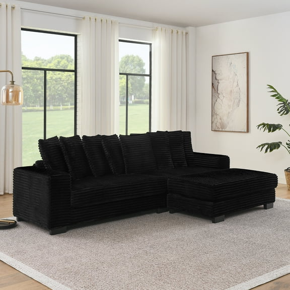 Corduroy Tufted Upholstered Sleeper Sectional Sofa, L-Shaped Modular Convertible Sofa , Can freely change the position of the footrests-Black