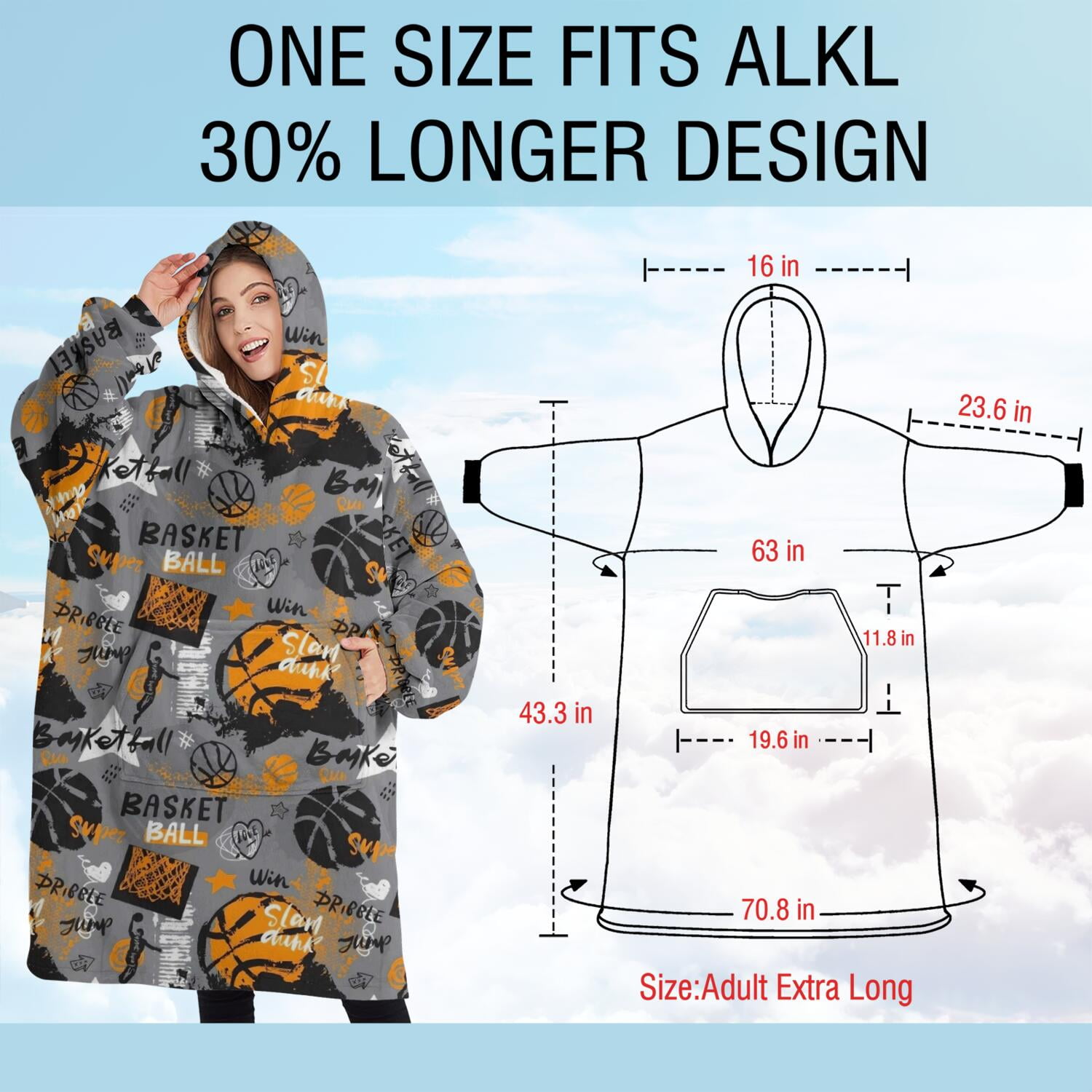 Oversized Wearable Blanket Hoodie,Gray Background Basketball Elements Pattern Sherpa Blanket Hoodie with Super Pockets,Super Warm Fuzzy Pullover for Women & Men