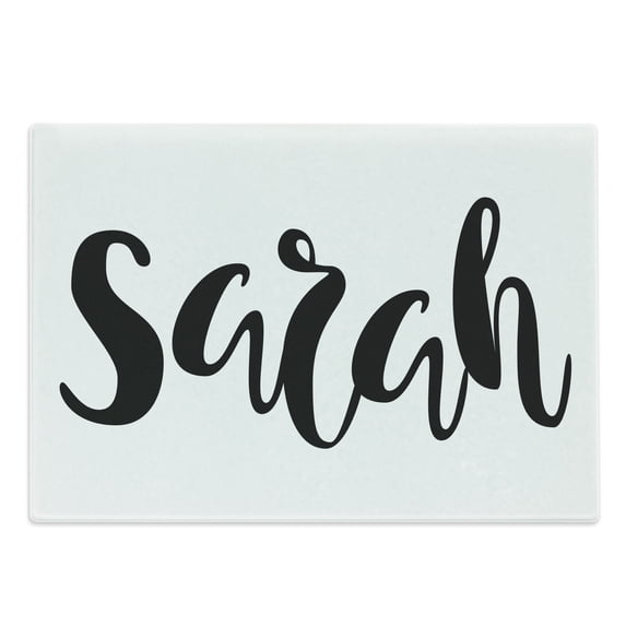 Sarah Cutting Board, Monochrome Popular Female Name Modern Calligraphy Hand Drawn Signature Lettering, Decorative Tempered Glass Cutting and Serving Board, Large Size, Black and White, by Ambesonne