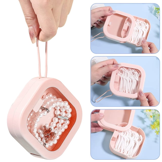 Caja de plástico transparente con cuerda colgante - Organizador portátil para ligas, joyas y objetos pequeños