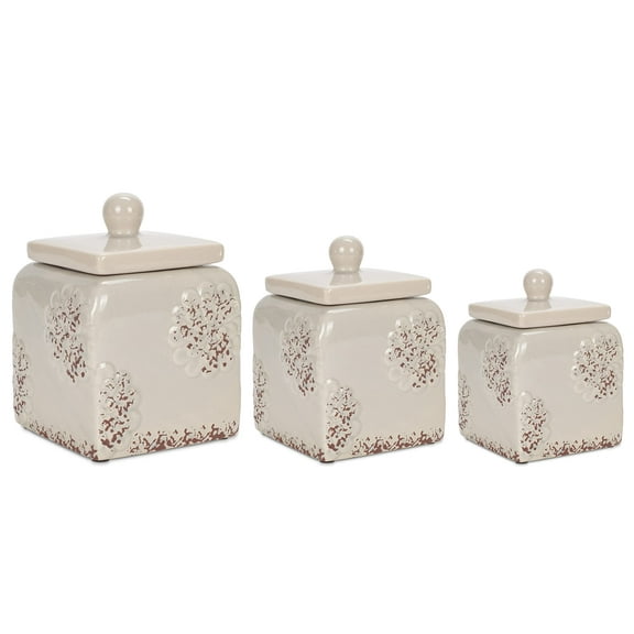 Floral Grey 10, 9, 8 inch Ceramic Food Storage Canisters Set of 3, (38994)