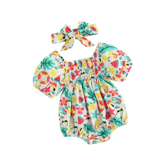 EYIIYE Infant Baby Girls Summer Outfit 0-1Y Newborn Short Puff Sleeve Jumpsuit Fruit Print Romper Square Neck Bodysuit with Headband Loose Casual Cute Sweet Clothing