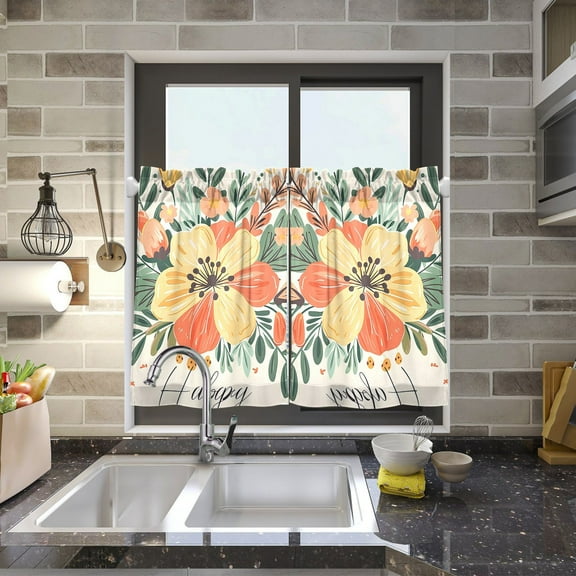 Happy Flowers Kitchen Curtains Half Tier Curtain 2 Rod Pockets Bathroom Bedroom Cupborad Living Room 27"x24"