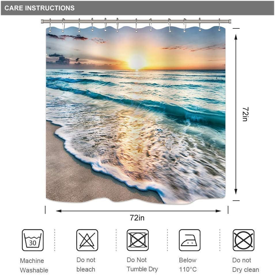 Beach Ocean Themed Cloth Fabric Decorative Shower Curtain Sets for Bathroom Sunrise Sunset View Scene 72x72 Inch Hawaii Seashore Summer Coastal Seaside Seascape 12 Hooks Waterproof BB-JWXP