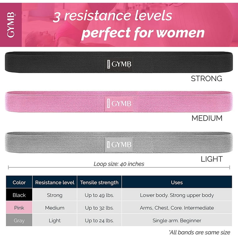 GYMBee Long Resistance Band Set Non Slip Cloth Exercise Bands to Workout Glutes Thighs Legs 3 Levels Pink Gray Black Walmart
