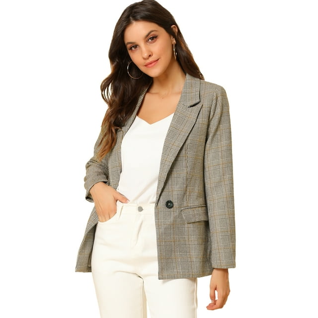 Blazers para mujer Chaqueta tipo blazer a cuadros con solapa con muesca Boyfriend Café Ligero XXL