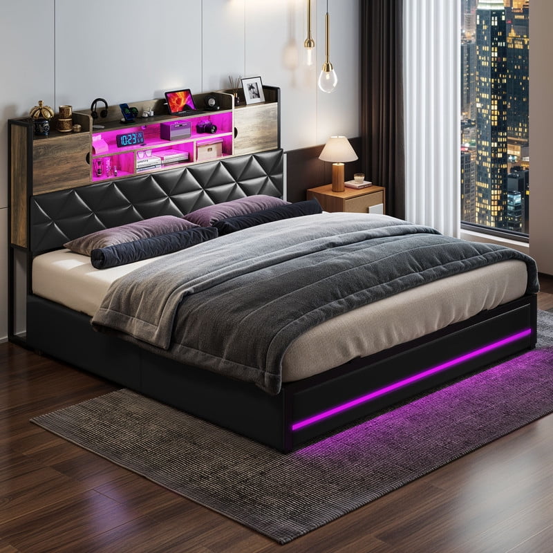 Uforic King Bed Frame with Storage Bookcase, Upholstered Bed with Charging Station and Drawers, Easy Assembly, Black