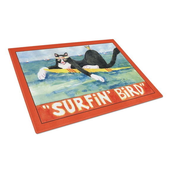 Carolines Treasures 6051LCB Black and white Cat Surfin Bird Glass Cutting Board Large, 12H x 16W, multicolor