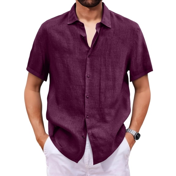 CIENVNSTG Men's Casual Shirts Cotton Linen Short-Sleeved Shirts Solid Color Turn-Down Collar Casual Beach Style Thin Tops Dark Purple 2XL
