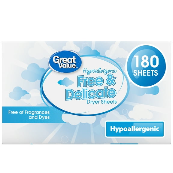 Great Value Free & Delicate Hypoallergenic Dryer Sheets, 180 Count