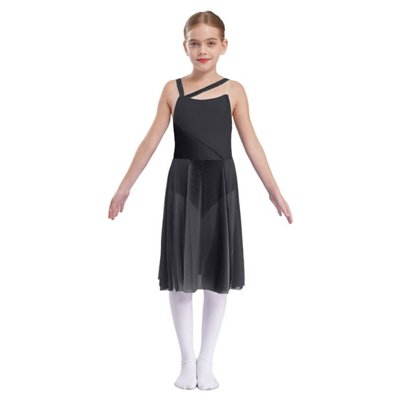 Aislor Girls kids Lyrical Chiffon Sleeveless Ballet Dress Latin Modern Contemporary Dancewear Costume Size 6-16 Black 16