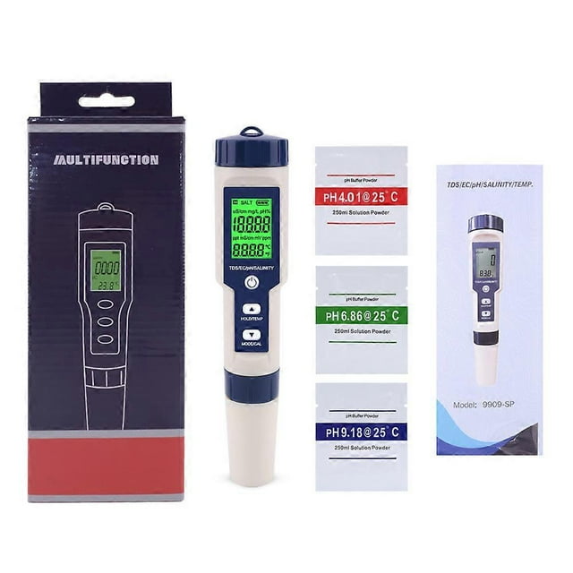 Probador de agua portátil 5 en 1, medidor digital de pH, salinidad, temperatura, TDS y CE para laboratorio de jardinería.