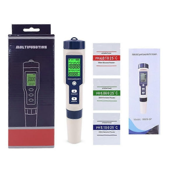 Probador de agua portátil 5 en 1, medidor digital de pH, salinidad, temperatura, TDS y CE para laboratorio de jardinería.