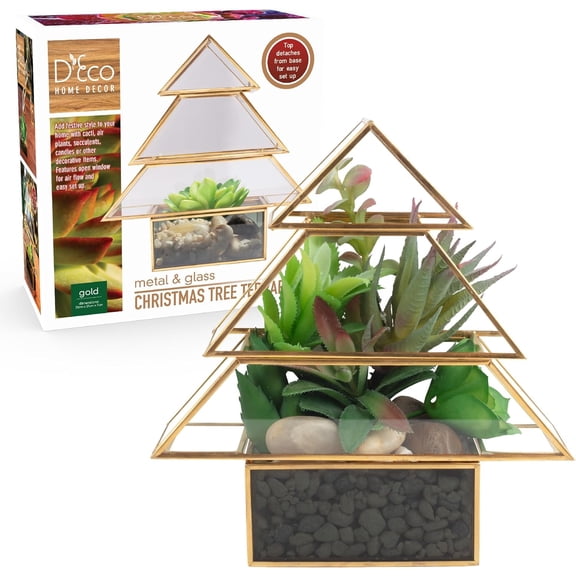 D'Eco Glass Tree 8" Plant Terrarium - Tabletop Gold Trimmed Planter & Centerpiece - Decor for Home & Office, Decorations for Shelf - Gift for Plant Lovers