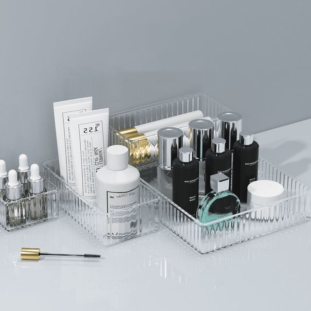 Caja de almacenamiento de cosméticos con patrón de ondas, cesta de almacenamiento transparente para escritorio, caja de acabado, estante de almacenamiento apilable para dormitorio