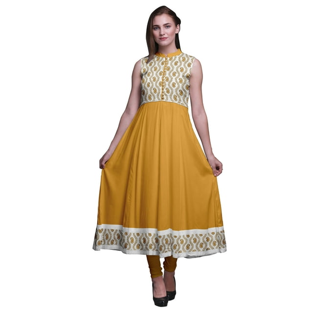 Bimba Kurtis Indiens Honey Orange Block pour Femmes, Anarkali Prêt-à-Porter Uni, Robe Imprimée Kurti Indienne XXX-Large