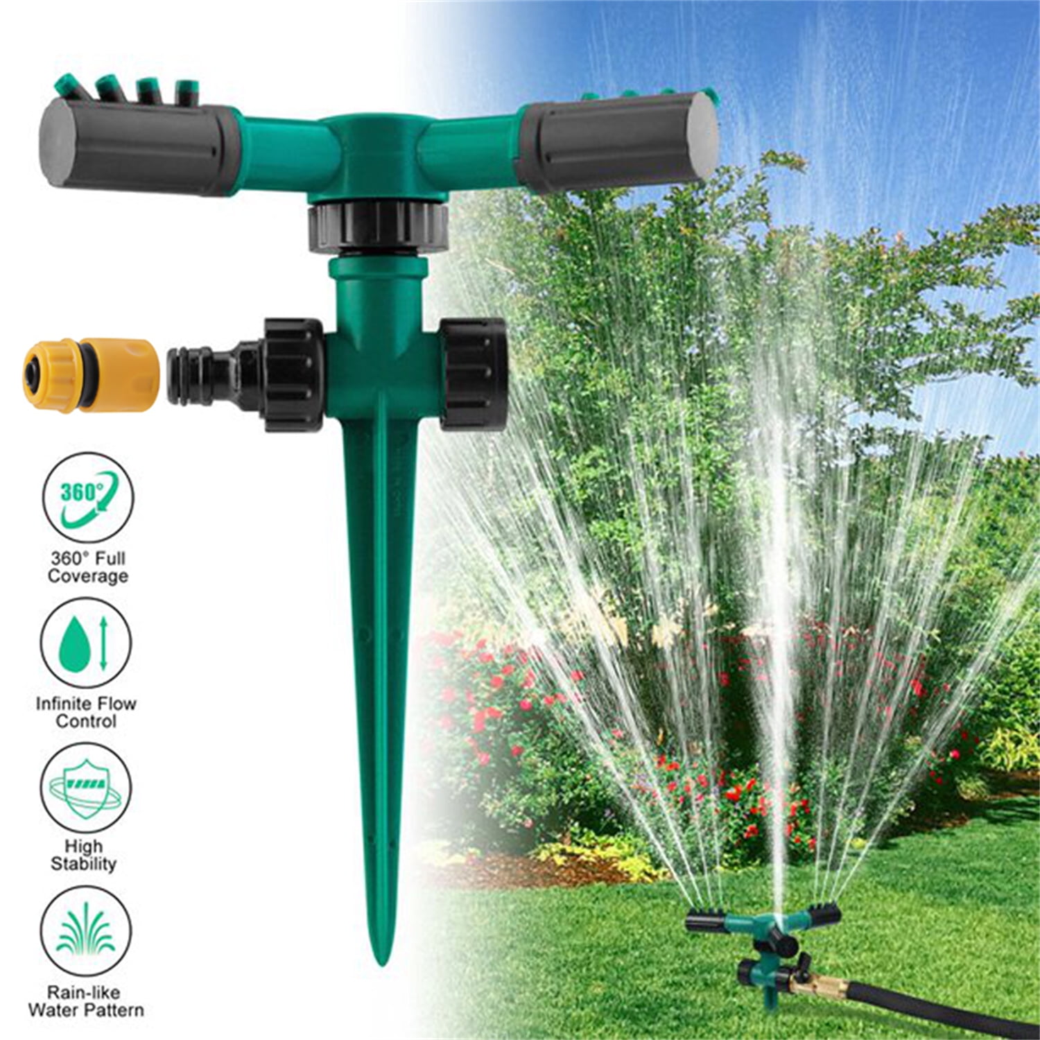 Heavy Duty Garden Irrigation 3 Arm Water Jet Lawn Sprinkler 6m Sprinkling Range 
