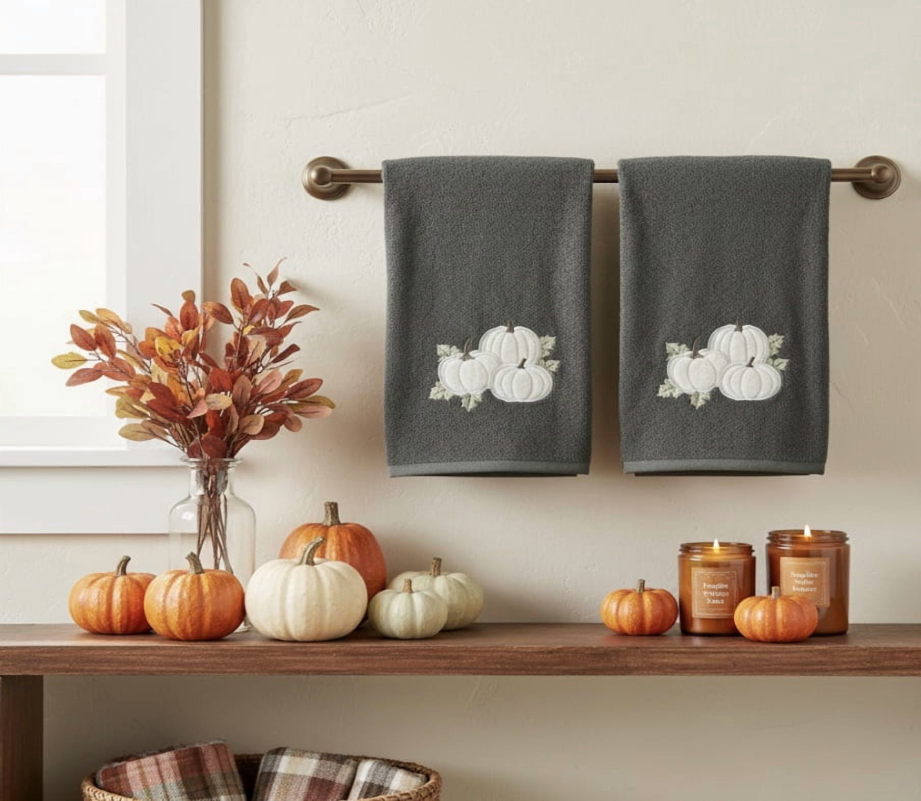 Serafina Home Luxury Holiday Fall Harvest Pumpkin Bath Towels, Embroidered Light Grey Pumpkins Leaves on Dark Gray Plush Velour Terry 100% Cotton, Set of 2, Measures 54" x 27"