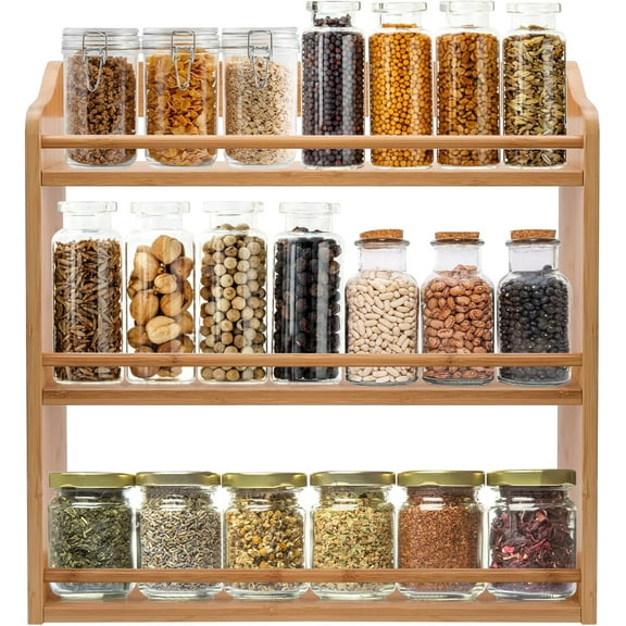 YANGLI 3-Tier Bamboo Spice Rack – Seasoning Jars Shelf Organizer for Countertop or Wall Mounting