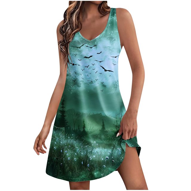 Vestido de Verano para las Mujeres Impresión de la Moda Bolsillo sin Mangas Cuello en V, Vestido Casual para la Playa Y Diario