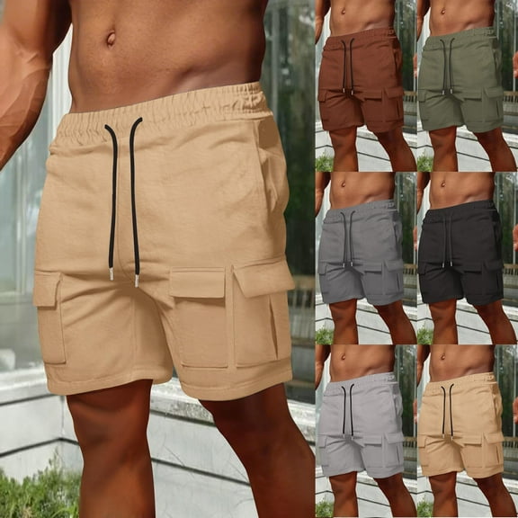 RYDCOT Men's Cargo Shorts Drawstring Casual Loose Fit Multi-Pockets Elastic Waist Straight Leg Shorts Khaki