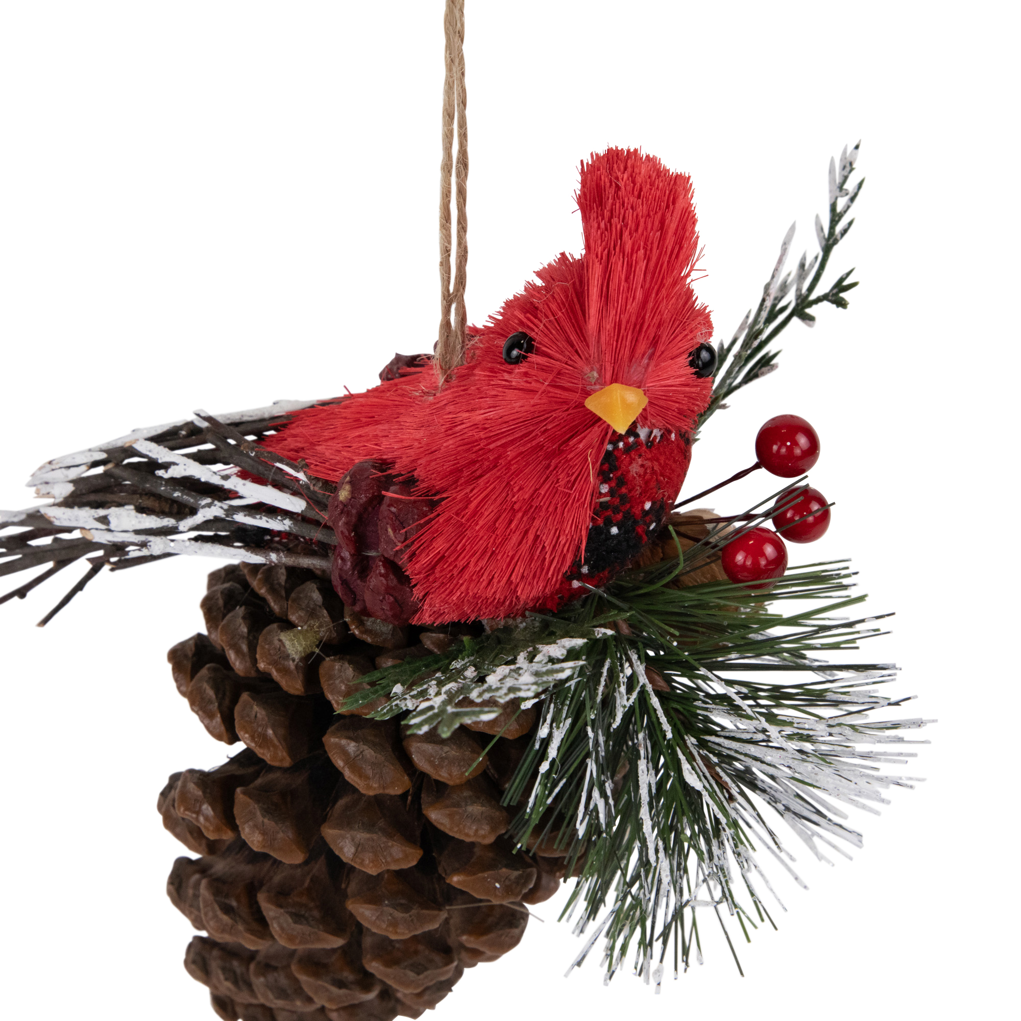 Woodland Cardinal Bird Perched on a Pinecone Frosted Christmas Ornament - 6.75"