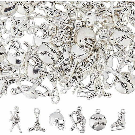 60Pcs 6 Styles Silver Hockey Charms Alloy Baseball Sports Charm Ball Dangle Charm Pendants Tibetan Silver Metal Charms Pendants for DIY Jewelry Making Crafting Silver