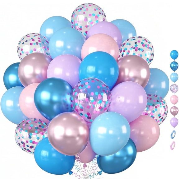 Pink Blue Purple Balloons, 50Pcs 12 Inch Metallic Blue Pink Balloons Pastel Purple Balloon for Birthday Gender Reveal Baby Shower Party Decorations