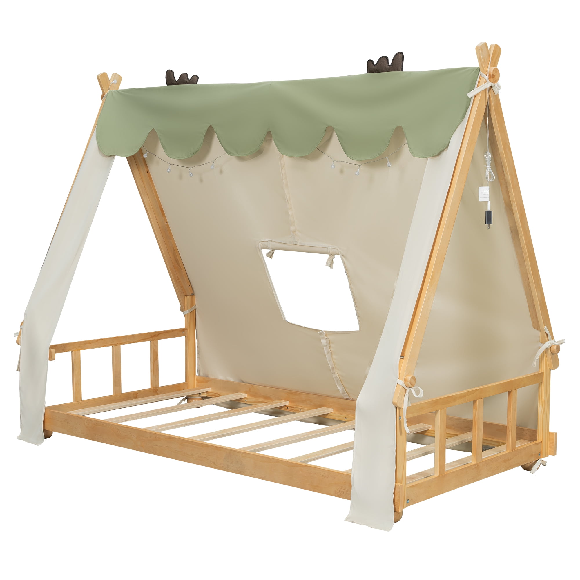 Mintazer Twin Teepee Tent Bed with LED Lights, Kids House Bed with Removable Canopy, Natural